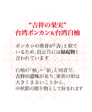 “吉祥の果実” 台湾ポンカン&台湾白柚。ポンカンの発音が「吉」と似ているため、旧正月には縁起物と言われています。白柚の「柚」=「祐」と同音で、吉祥の意味があり、果実の形は大きくまるいことから、中秋節の贈り物として好まれます。